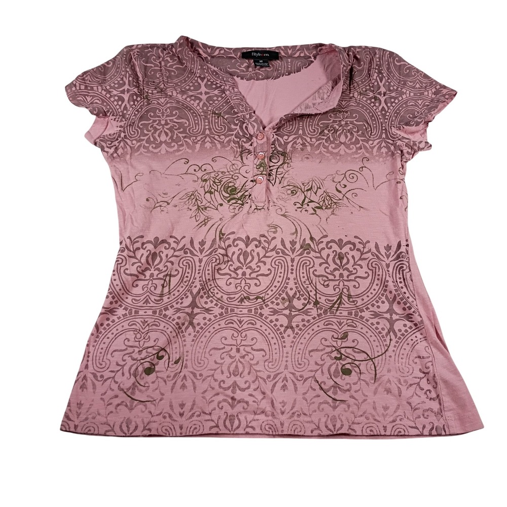 Style & Co Henley Top Women Medium Pink  Paisley Damask Cap Sleeve